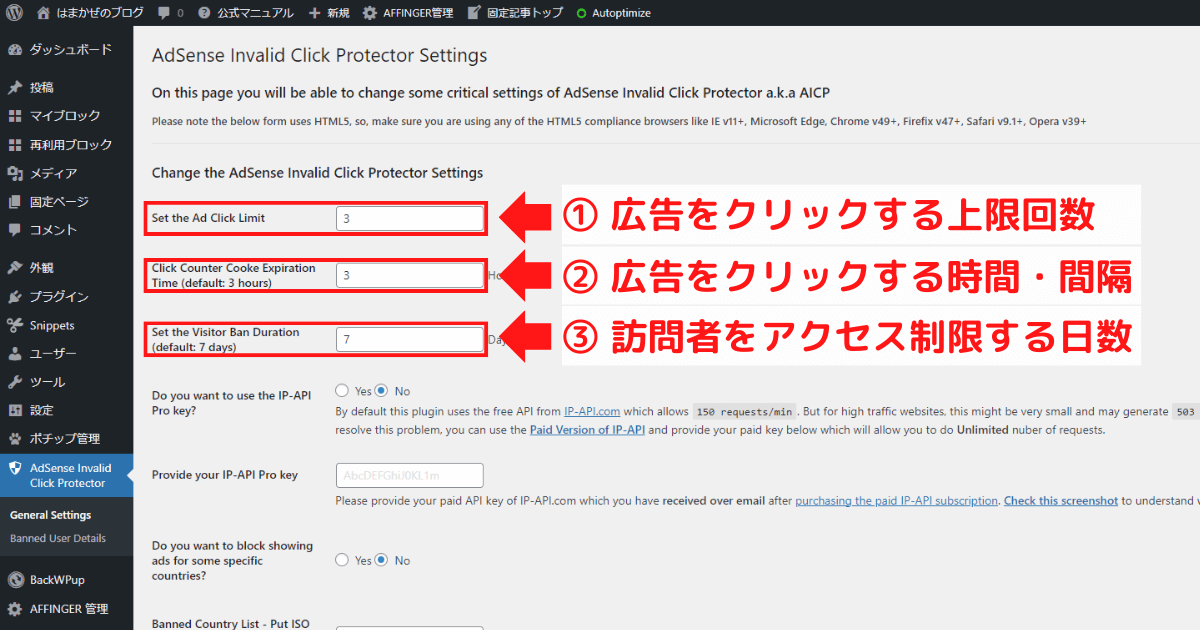 Ad Invalid Click Protector (AICP)の設定画面